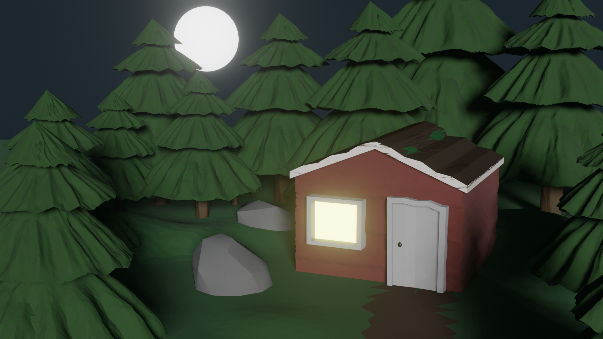 Low poly scene of a cabin in the woods