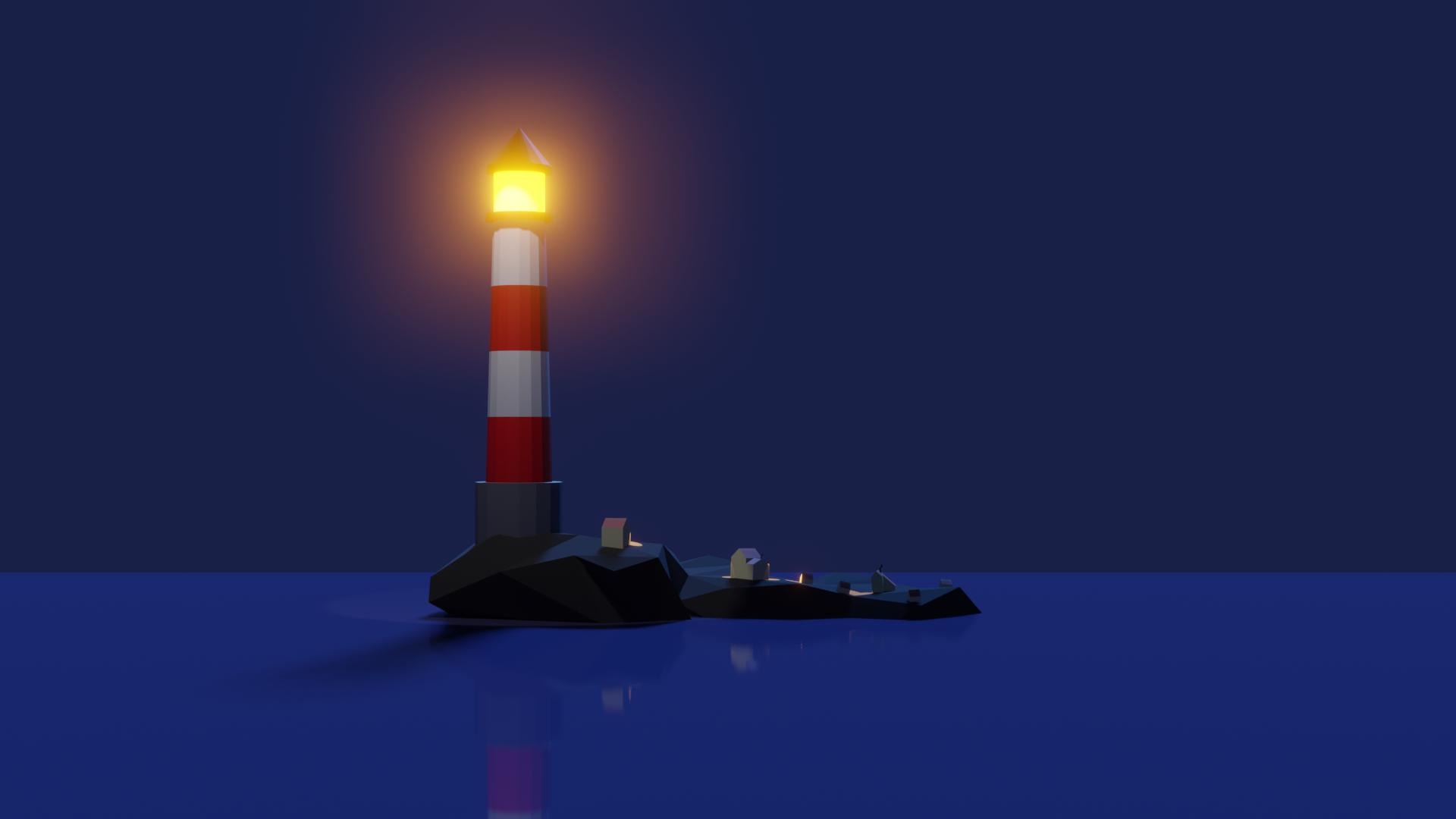 Low poly scene with a lighthouse on a rocky island